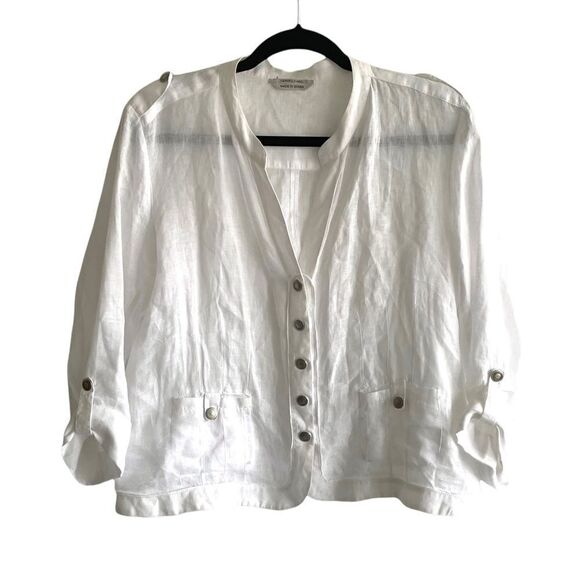 GERARD DAREL Linen Button Front Shirt Blouse Jacket Blazer Roll Sleeves White 12 - Picture 4 of 8